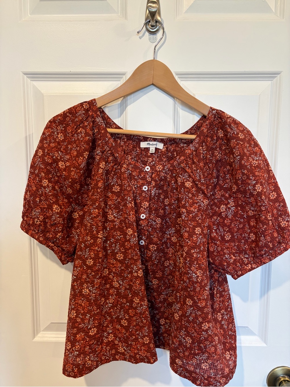 Madewell Rust Floral Button-Front Puff Sleeve Blouse